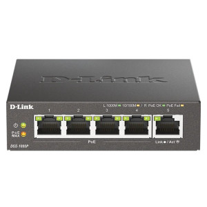 D-Link DGS-1005P 5-Port Gigabit Ethernet Switch (4 PoE+ ports), fanless, 10 Gbps switching capacity